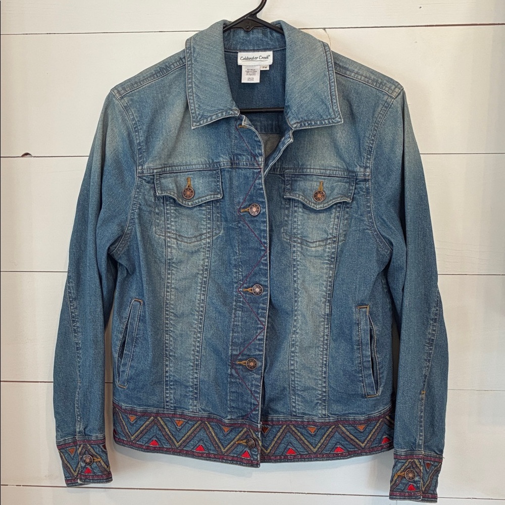 Coldwater Creek Petite Faded Blue Denim Jacket Embroidered Size PM
